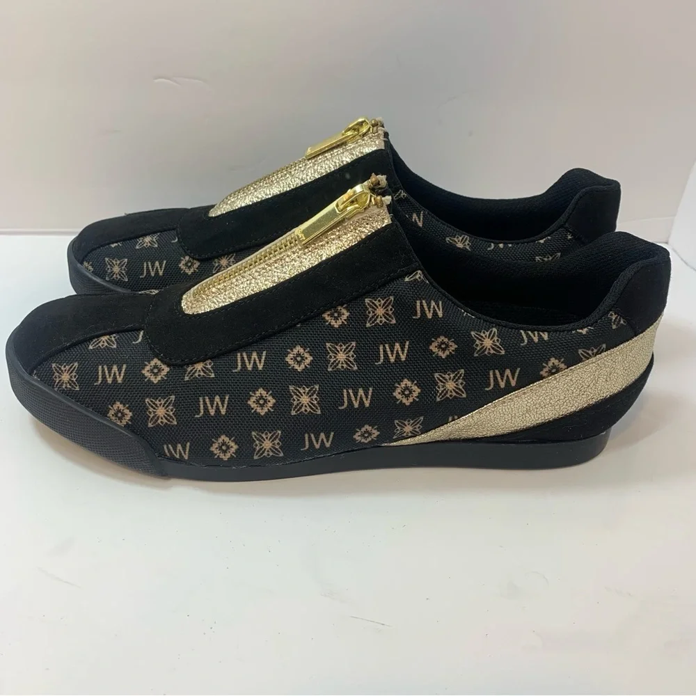 The Bradford Exchange Black Gold‎ Zip Sneakers Women’s Size 7.5 Monogram Slip-On